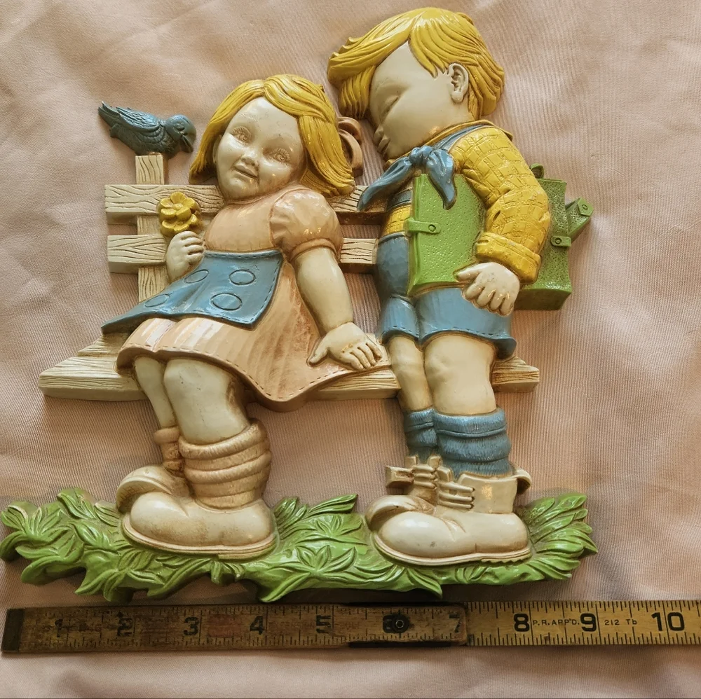 Vintage Wall Plaque with Children and Bird HOMCO 1977 Dart Plastics Decor